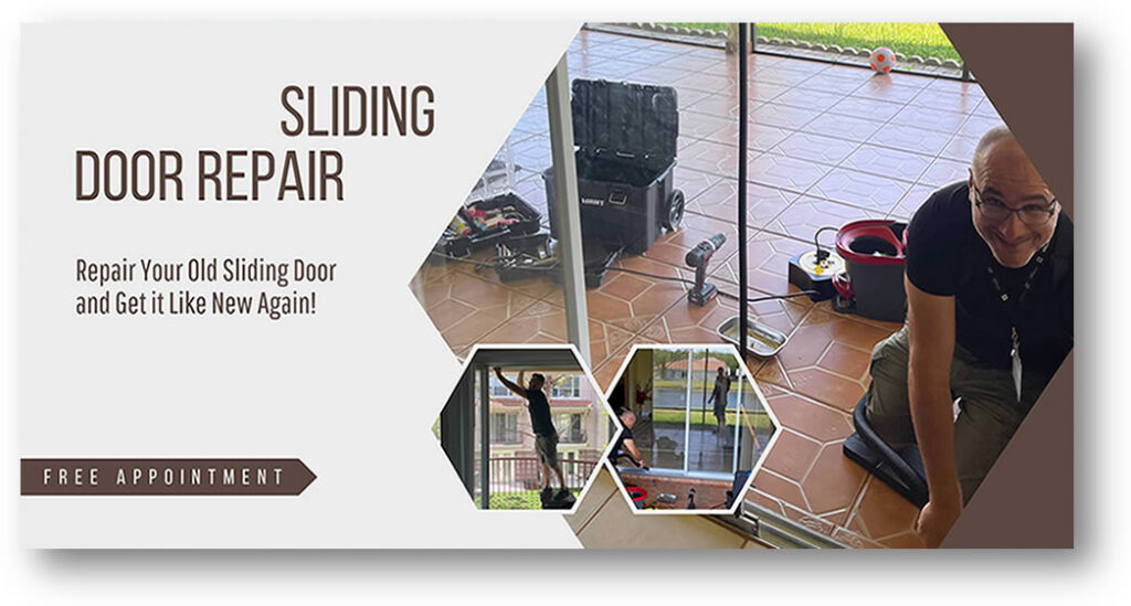 Sliding door repair being performed by technician using various tools