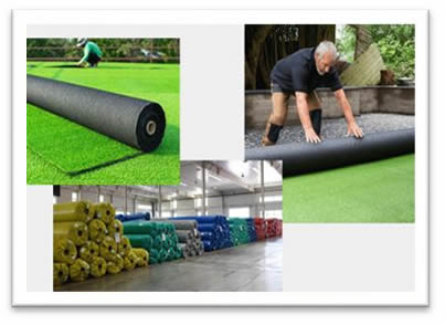 Technician installing a synthetic roll of grass in a patio garden outdoor residential area